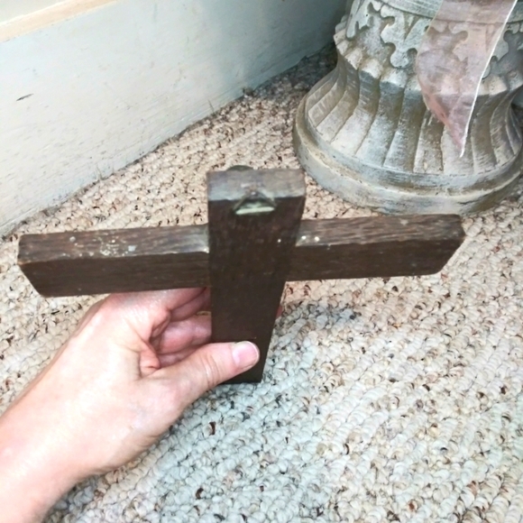 Antique Wood & Brass Small Wall Hanging Crucifix Made In Germany - Picture 7 of 10